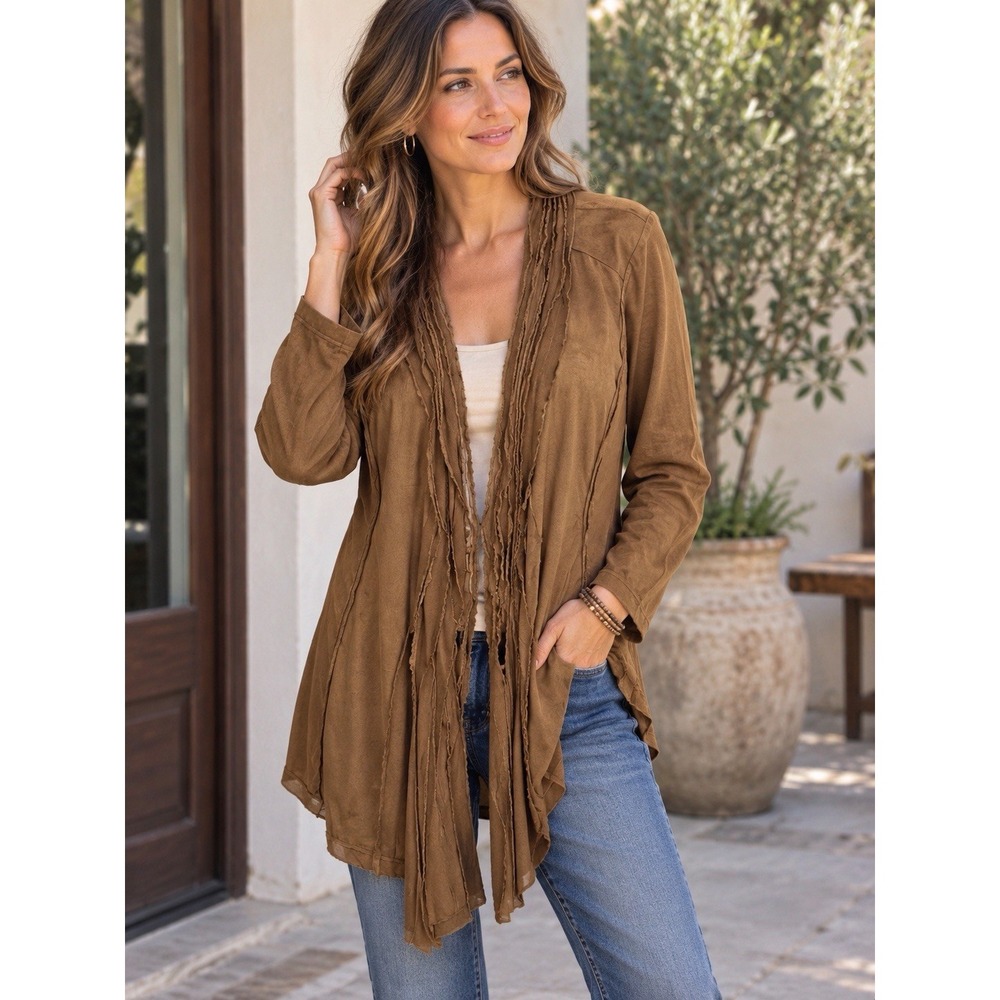 Y2K MONORENO Brown Faux Suede Jacket~M~Chiffon Ruffle  Lightweight Boho Festival